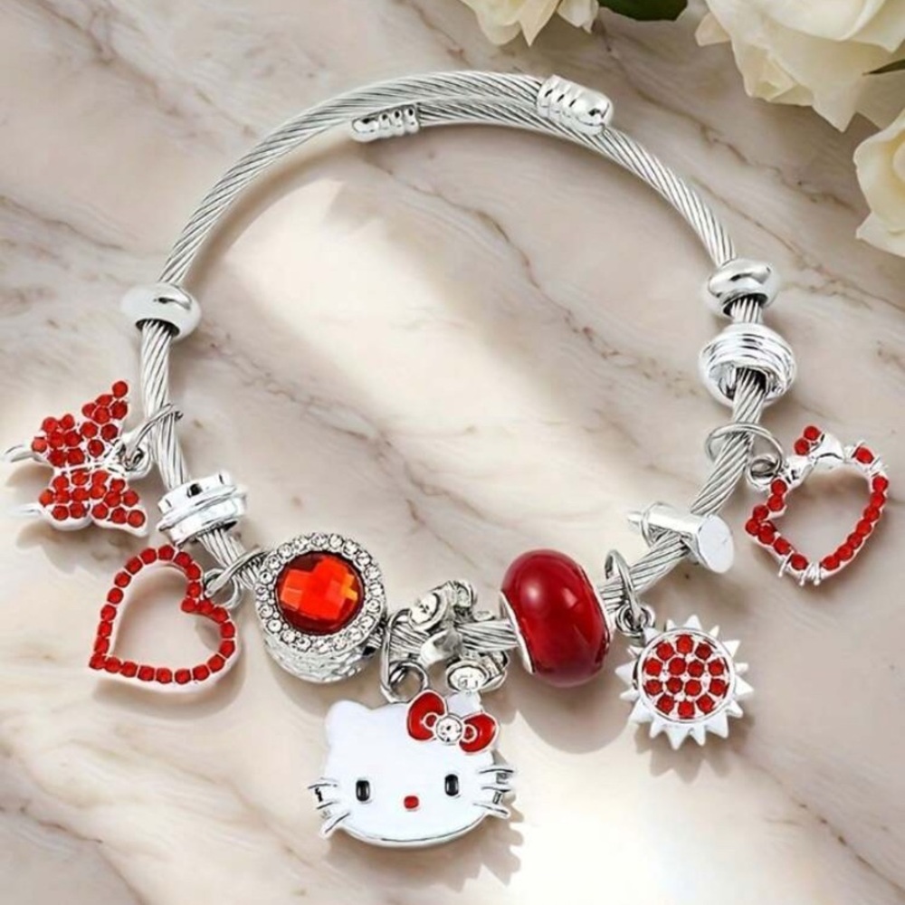 Hello Kitty Silver Charm Bracelet with Red Accents